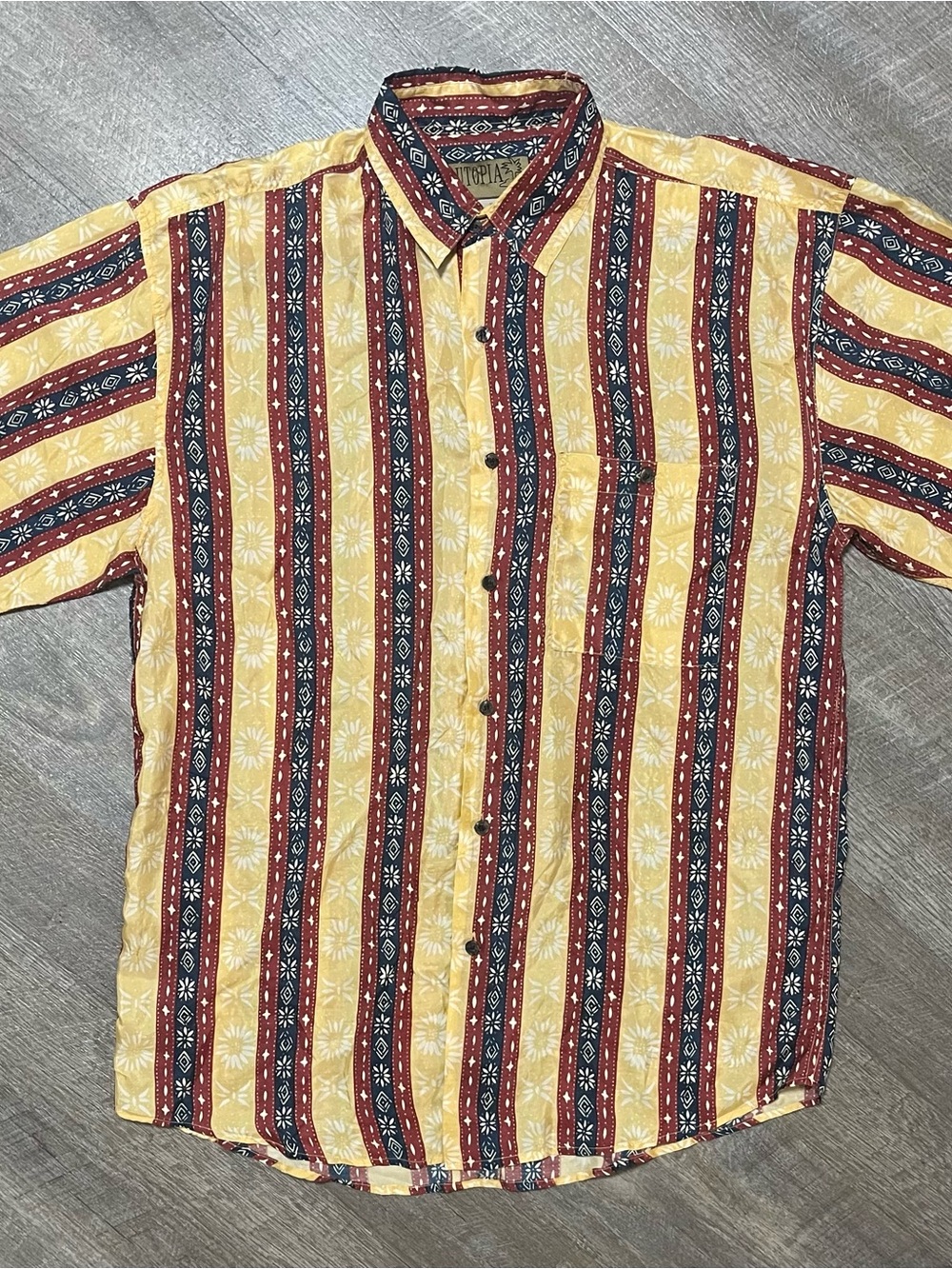 Vintage 90's Utopia Silk Shirt Medium Abstract Print Button-Up Bold Oversized